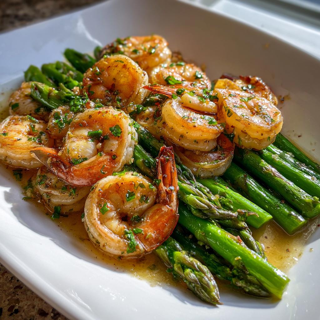 Cooked lemon garlic shrimp served over sautéed asparagus with herbs and sauce
