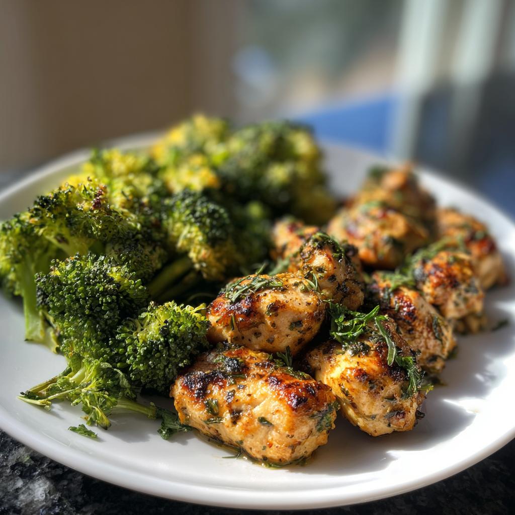 Plate of lemon herb chicken with grilled broccoli on a white dish