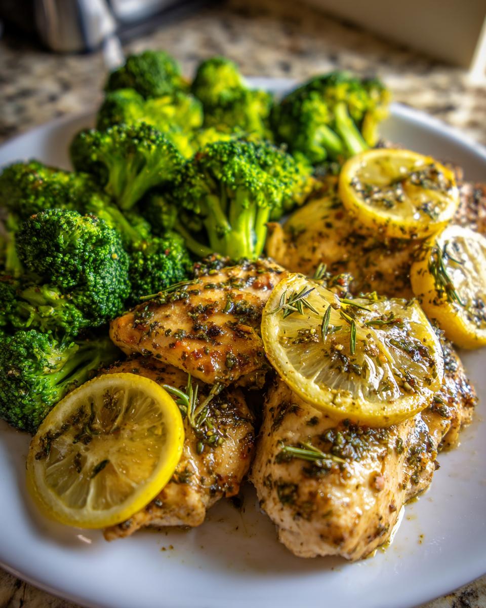 Plate with lemon herb chicken breasts garnished with lemon slices and seasoned broccoli