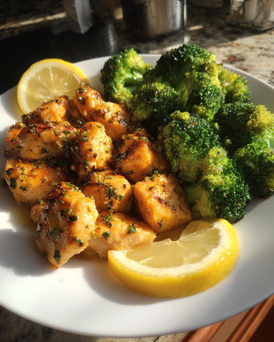 Plate of lemon herb chicken broccoli with two lemon wedges on a white dish.