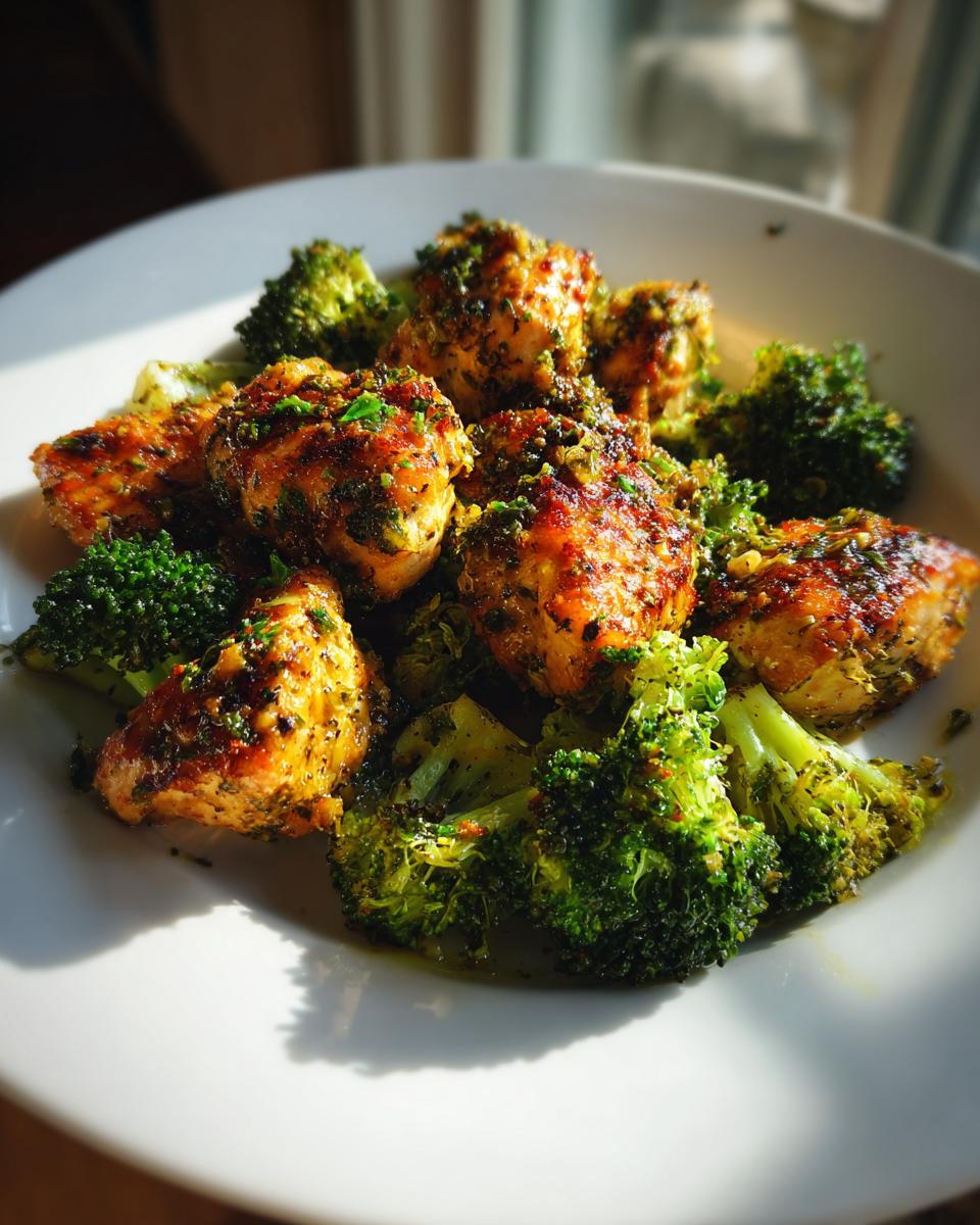 Plate of lemon herb chicken broccoli with crispy chicken pieces and vibrant broccoli florets.