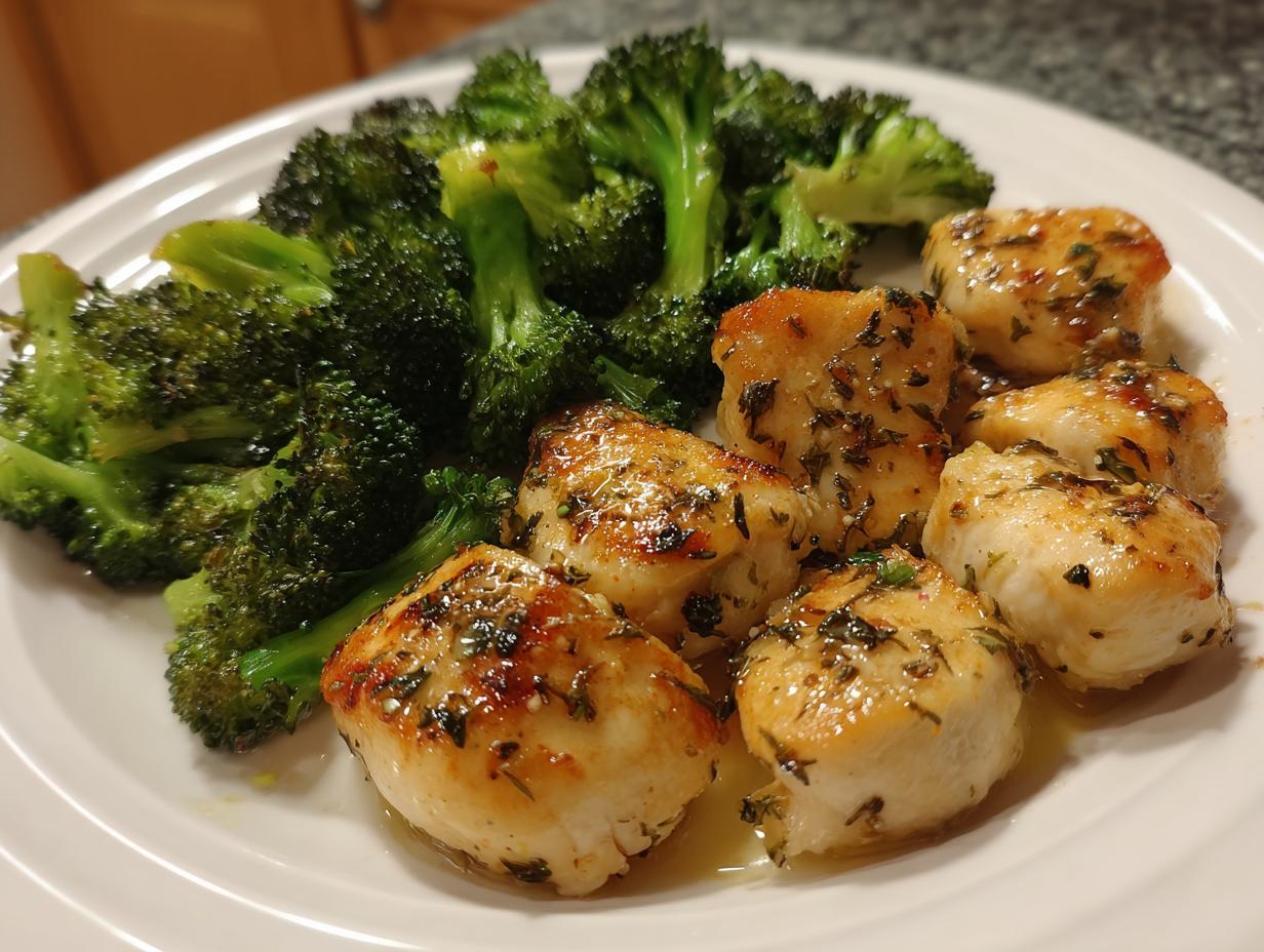 Plate of lemon herb chicken pieces served with roasted broccoli florets.
