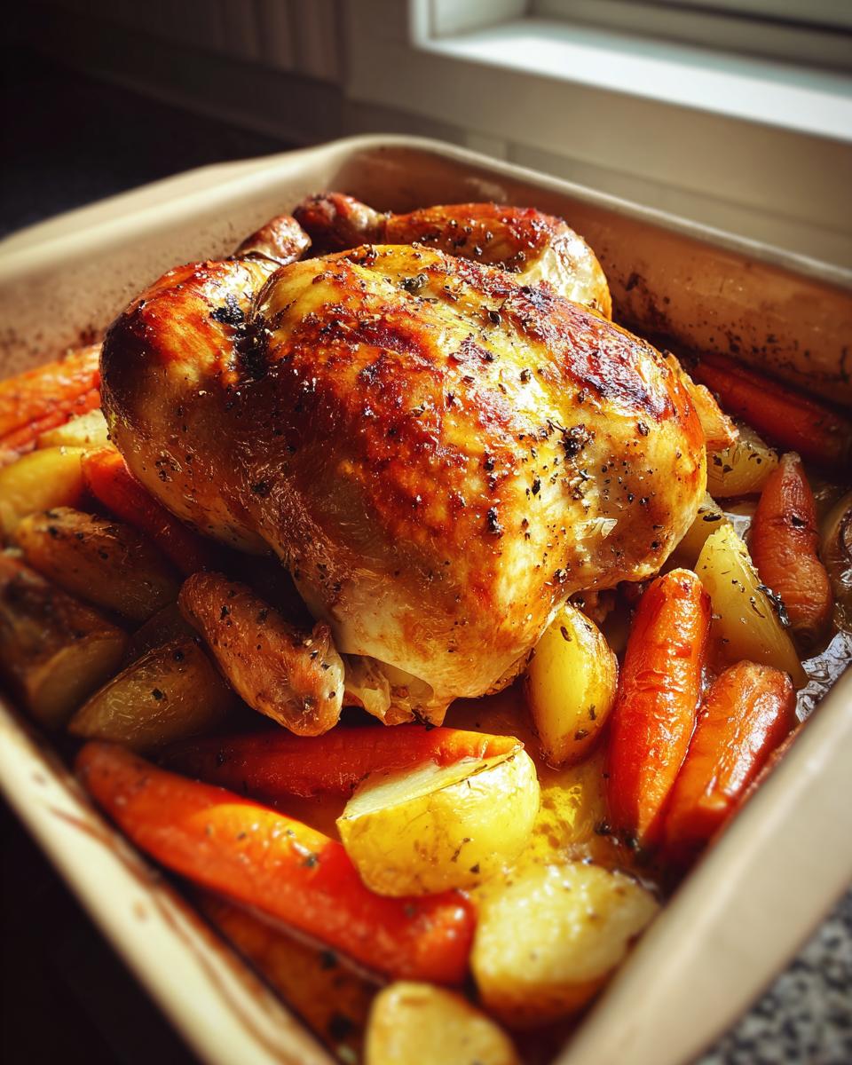 Lemon pepper roasted whole chicken with golden skin surrounded by roasted carrots and potatoes.