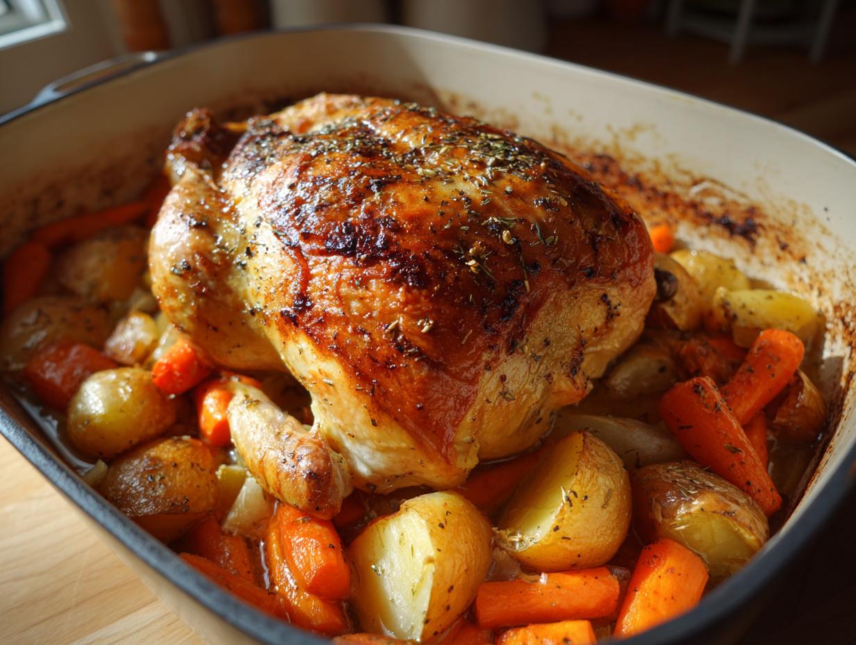 Golden lemon pepper roasted whole chicken surrounded by roasted potatoes and carrots in a baking dish.