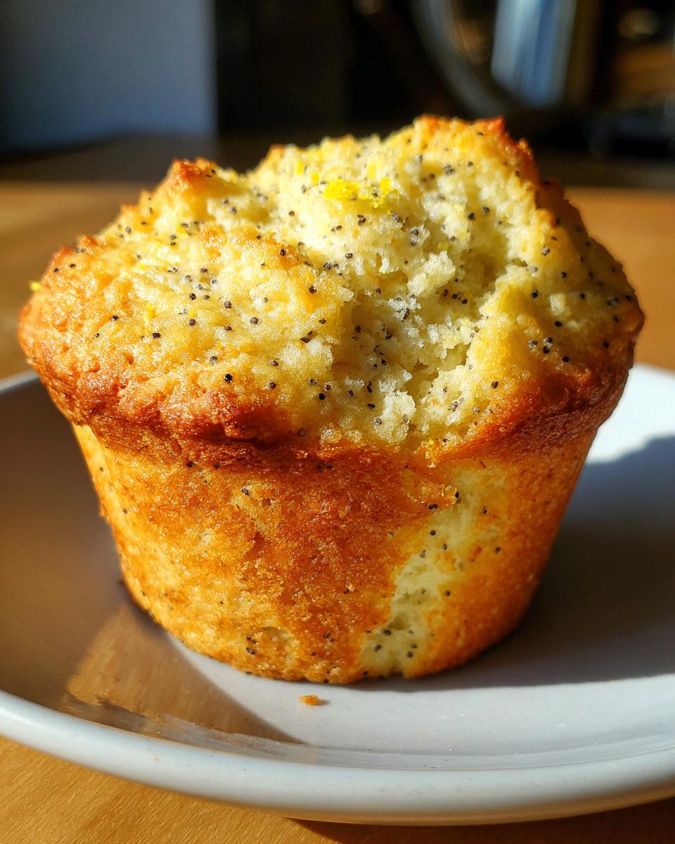 Close-up of a golden brown lemon poppy seed muffin on a white plate