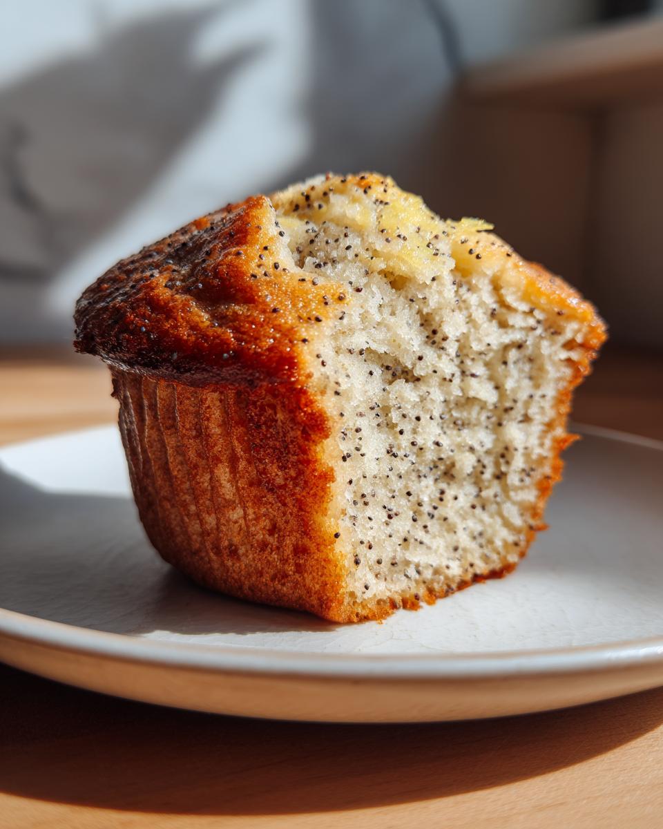Close-up of a lemon poppy seed muffin half on a white plate showing moist texture and seeds.