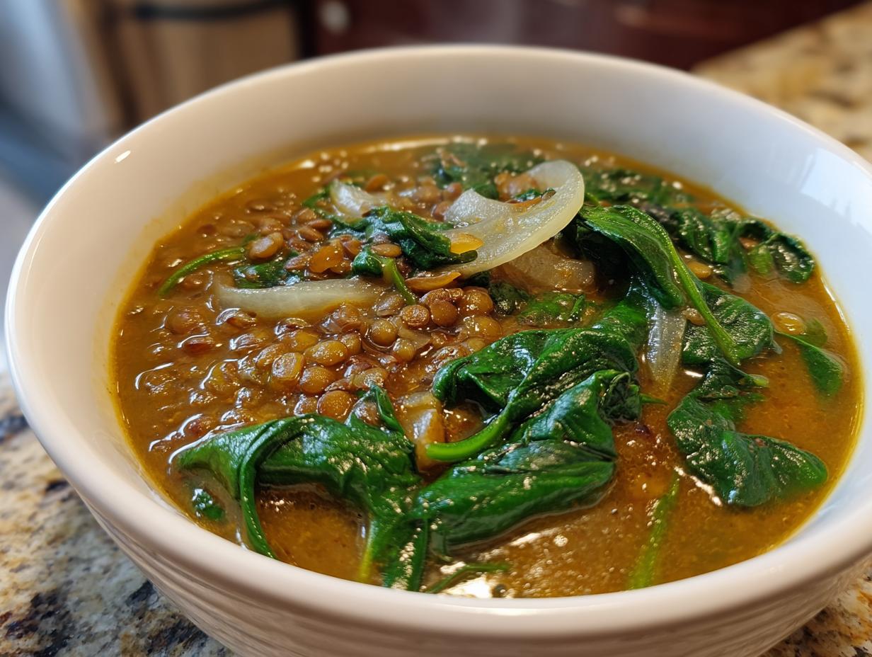 Bowl of lentil and spinach soup with visible lentils, spinach leaves, and onion slices.