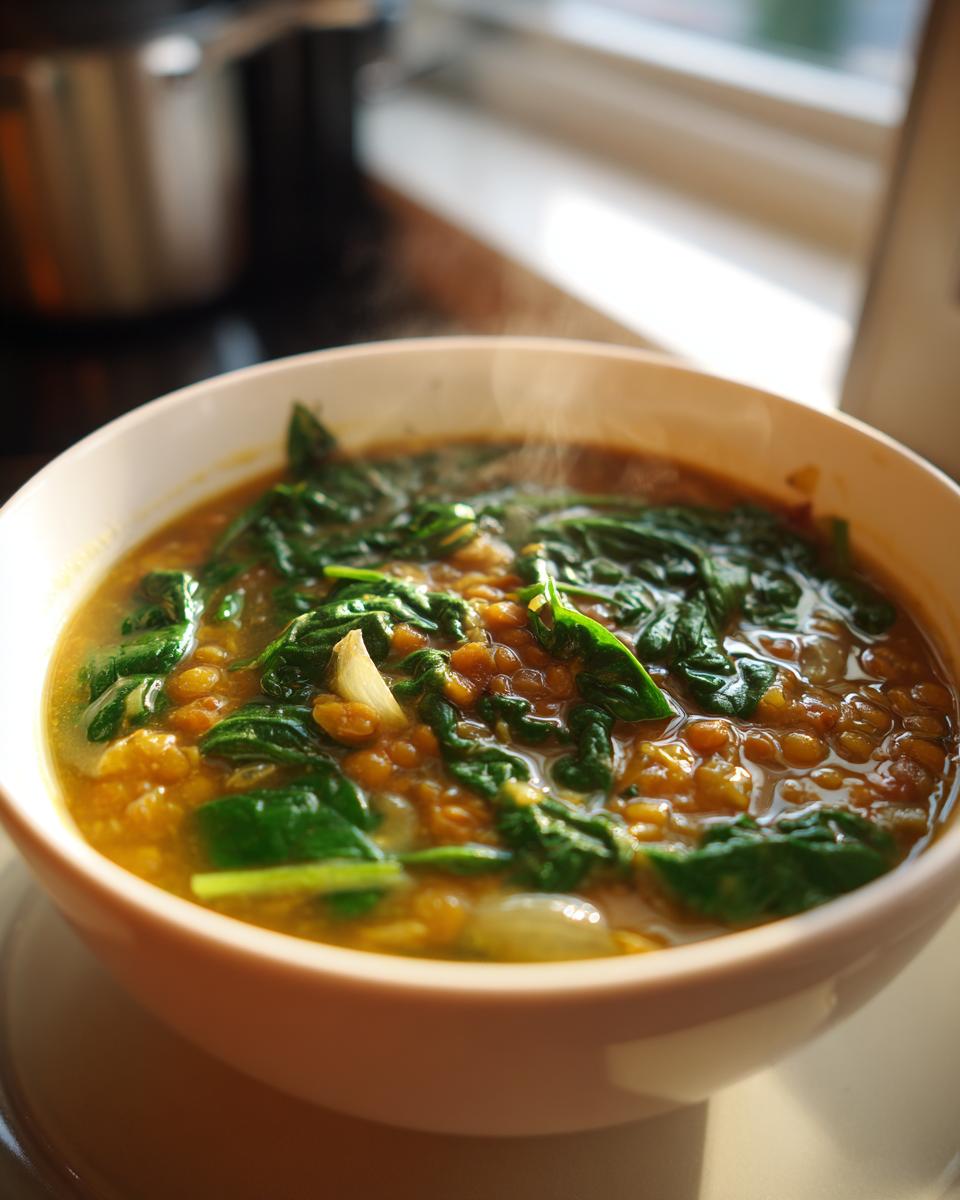 Close-up of steaming lentil and spinach soup for meal prep in white bowl