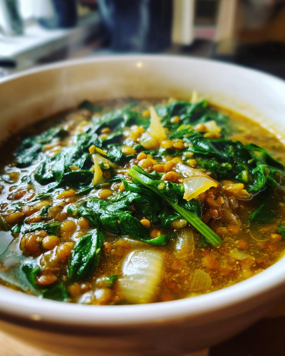Close-up of steaming lentil and spinach soup for meal prep in a white bowl