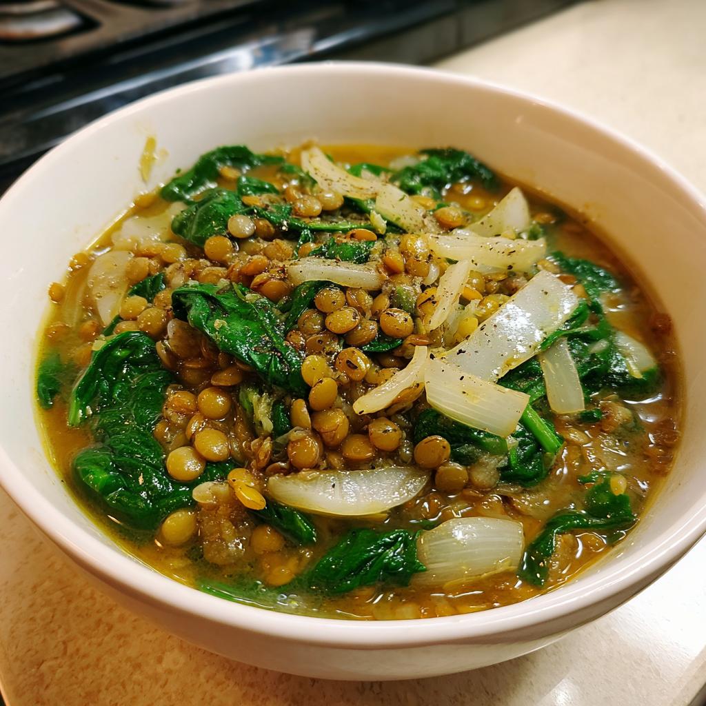 Bowl of lentil and spinach soup for meal prep with cooked lentils and fresh spinach in broth