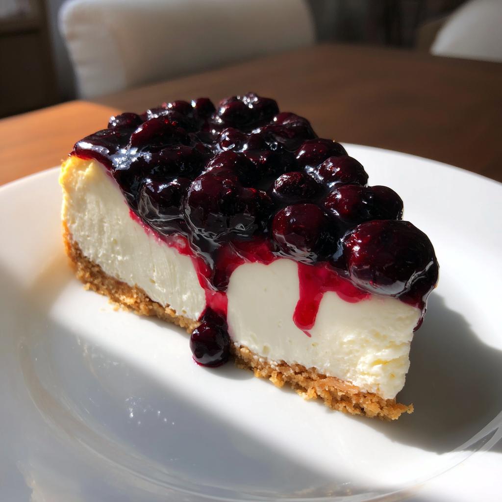 Slice of light lemon blueberry yogurt cheesecake topped with blueberry compote on a white plate