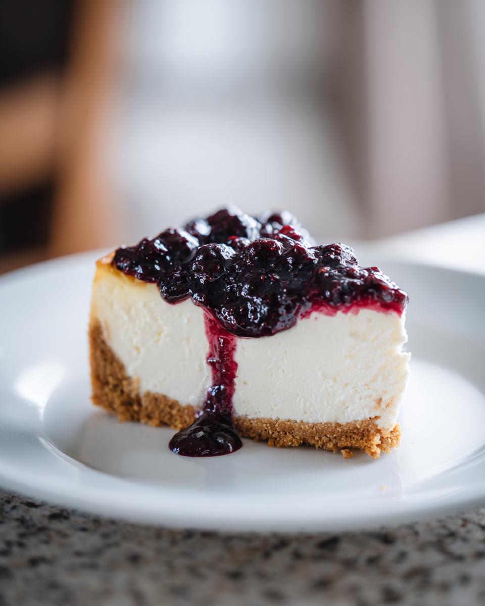A slice of light lemon blueberry yogurt cheesecake topped with blueberry sauce on white plate.