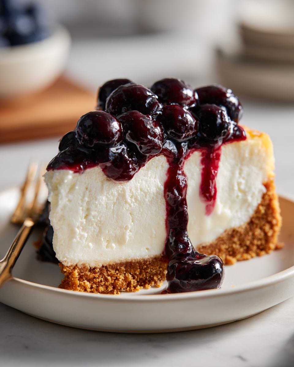 Close-up of light lemon blueberry yogurt cheesecake slice with blueberry topping on a plate