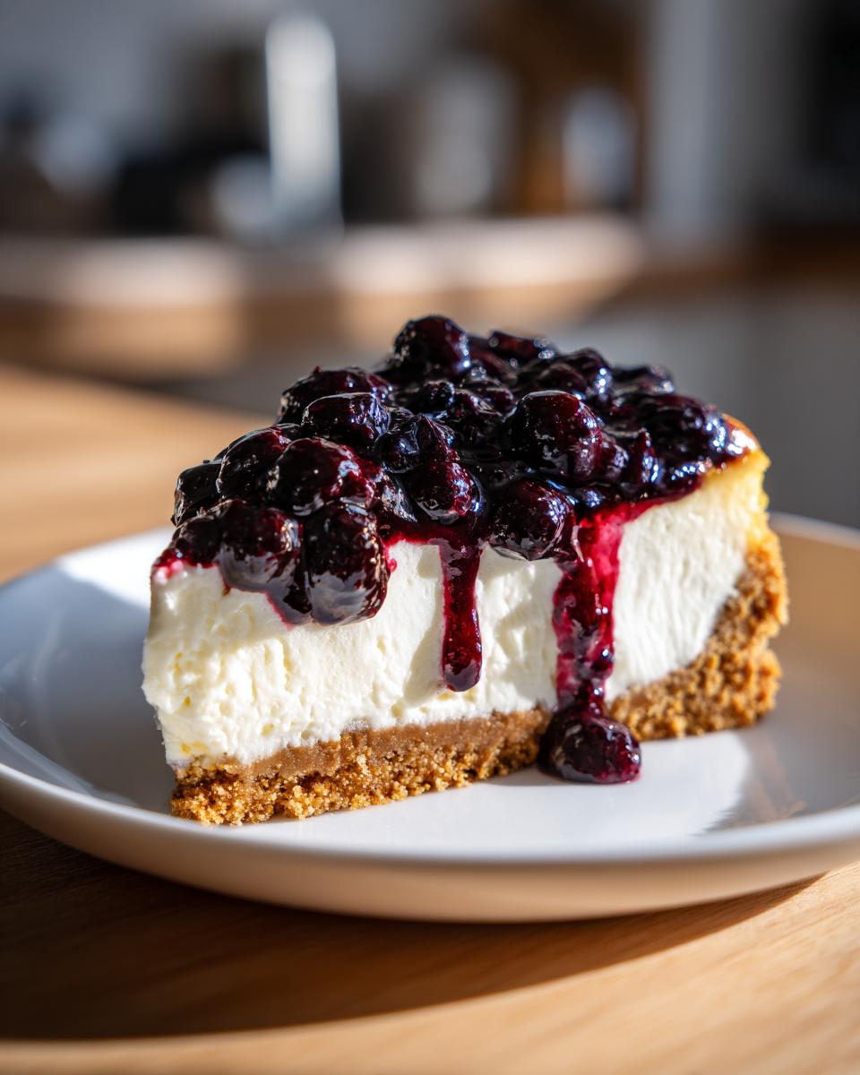 Close-up of a slice of light lemon blueberry yogurt cheesecake topped with blueberry sauce
