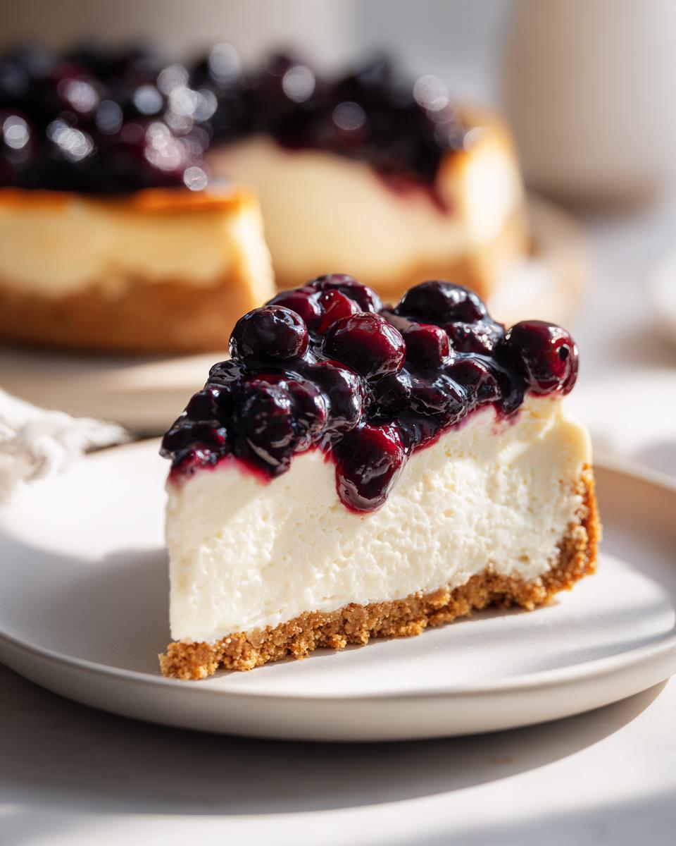 Close-up of a slice of light lemon blueberry yogurt cheesecake with a crumb crust and blueberry topping