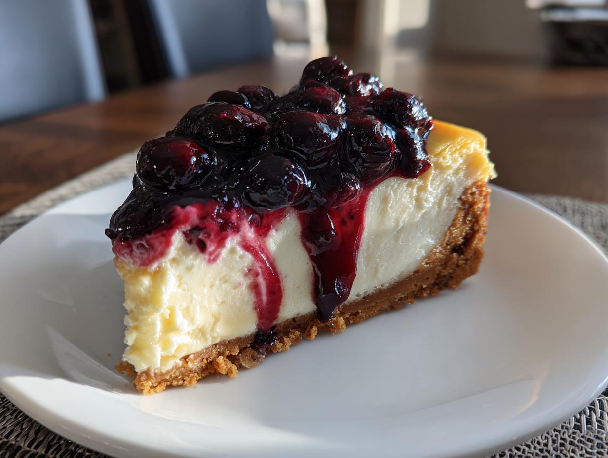 Close-up of light lemon blueberry yogurt cheesecake slice topped with blueberry sauce