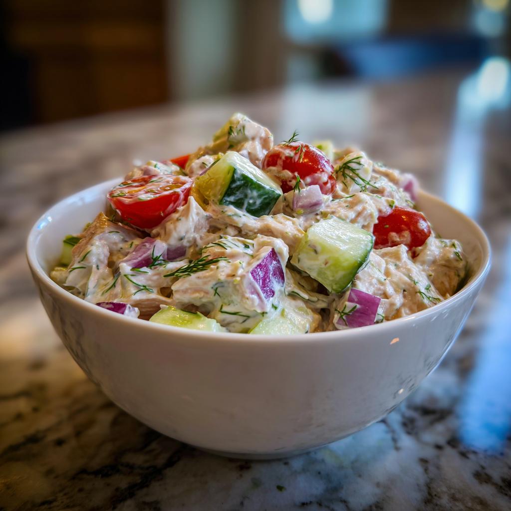 Bowl of light tuna salad with Greek yogurt dressing featuring cucumber, cherry tomatoes, and red onion.