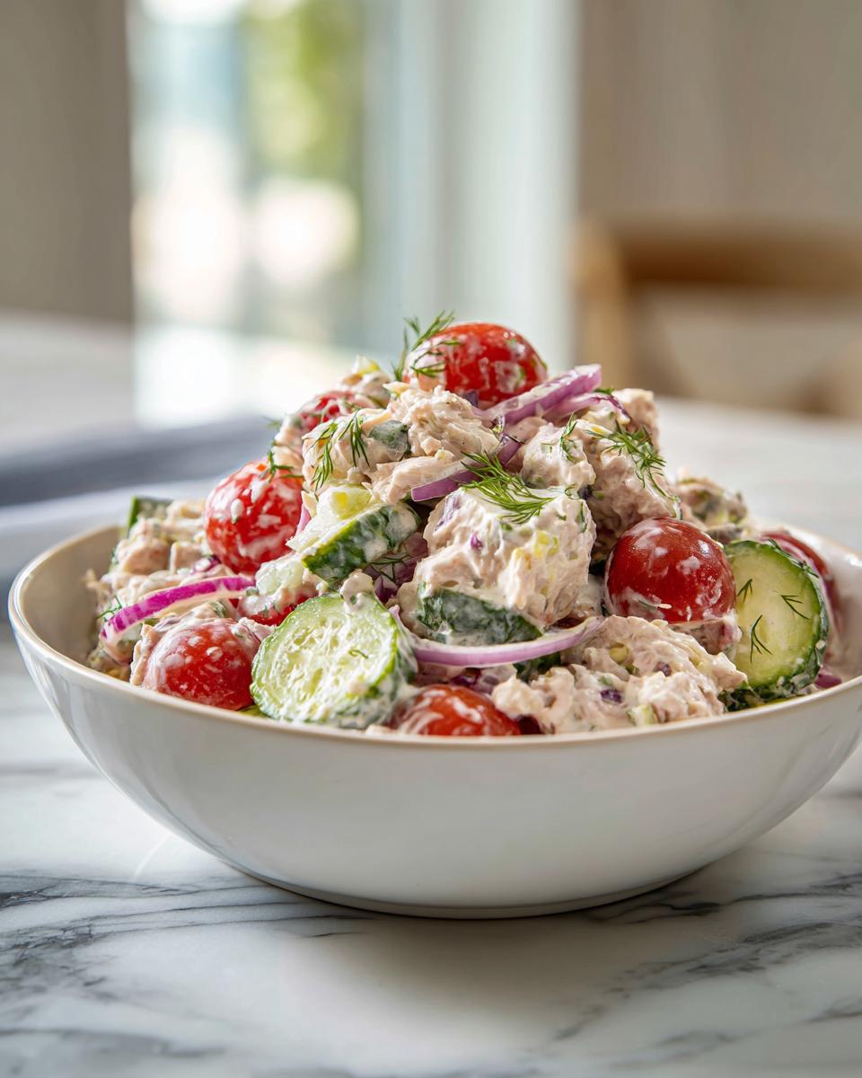 Bowl of light tuna salad with Greek yogurt dressing, cucumbers, cherry tomatoes, and red onions