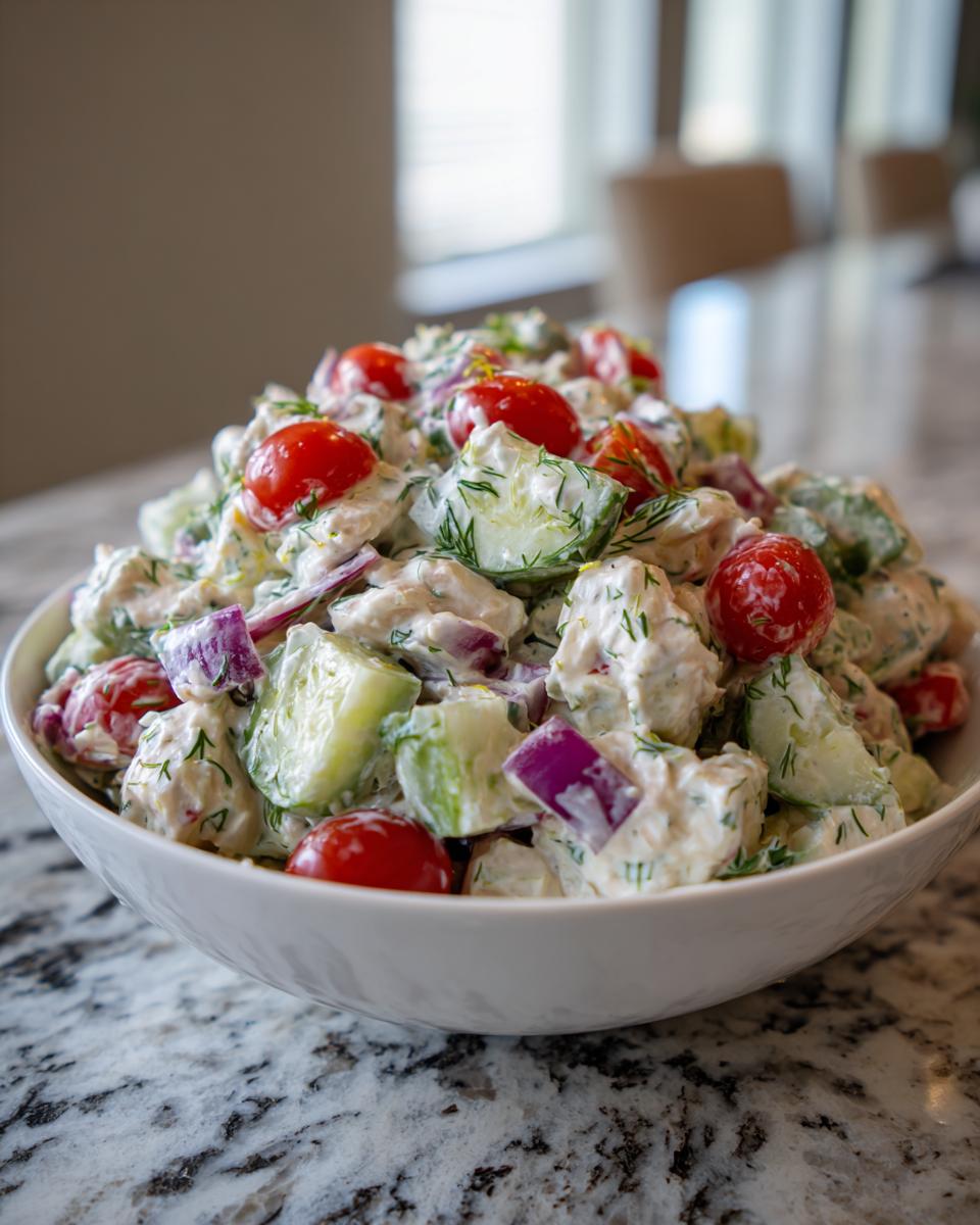 Bowl of light tuna salad with Greek yogurt dressing featuring cherry tomatoes, cucumber, and red onion.