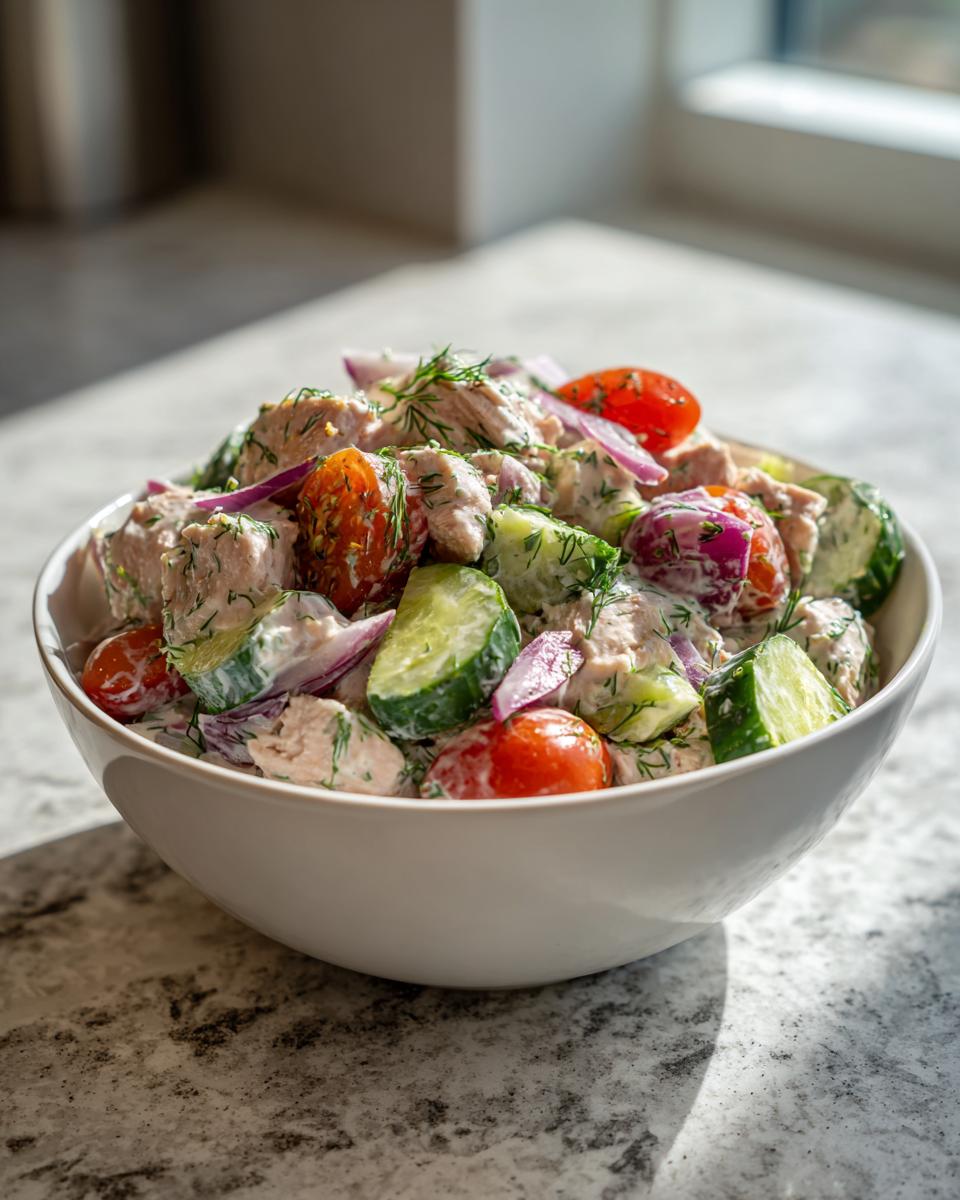 Bowl of light tuna salad with Greek yogurt dressing, cherry tomatoes, cucumber, and red onions.