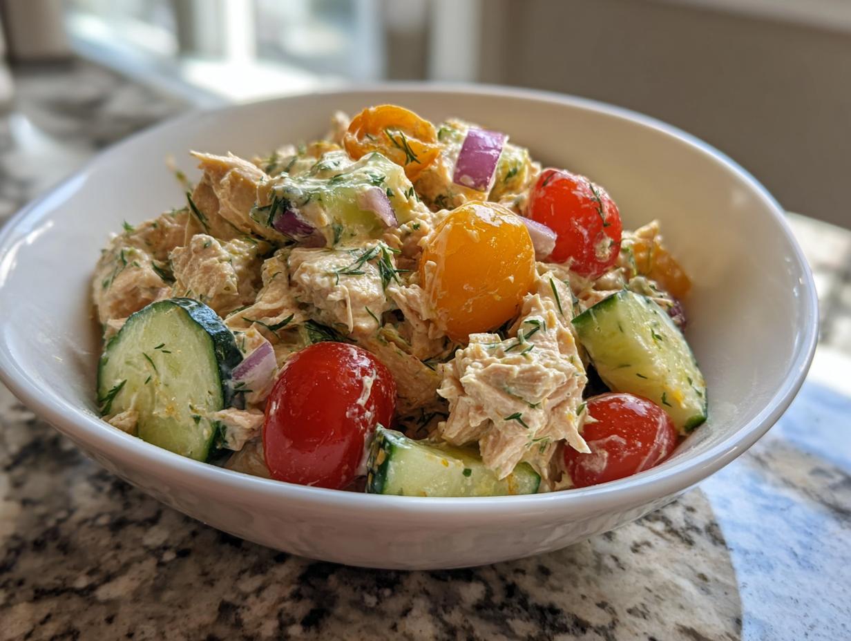 Bowl of light tuna salad with Greek yogurt dressing, cherry tomatoes, cucumber, and red onion.