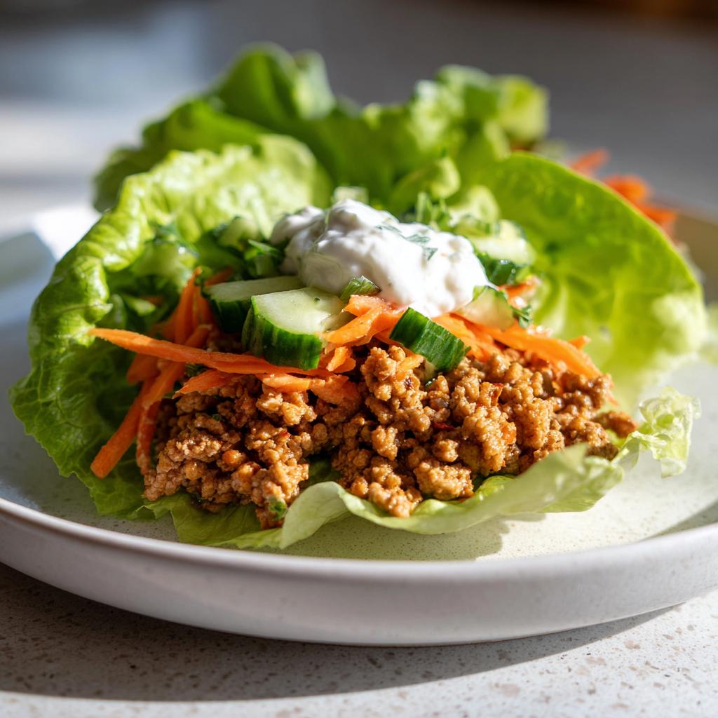 Close-up of a light turkey lettuce wrap lunch with ground turkey, shredded carrots, cucumbers, and yogurt sauce