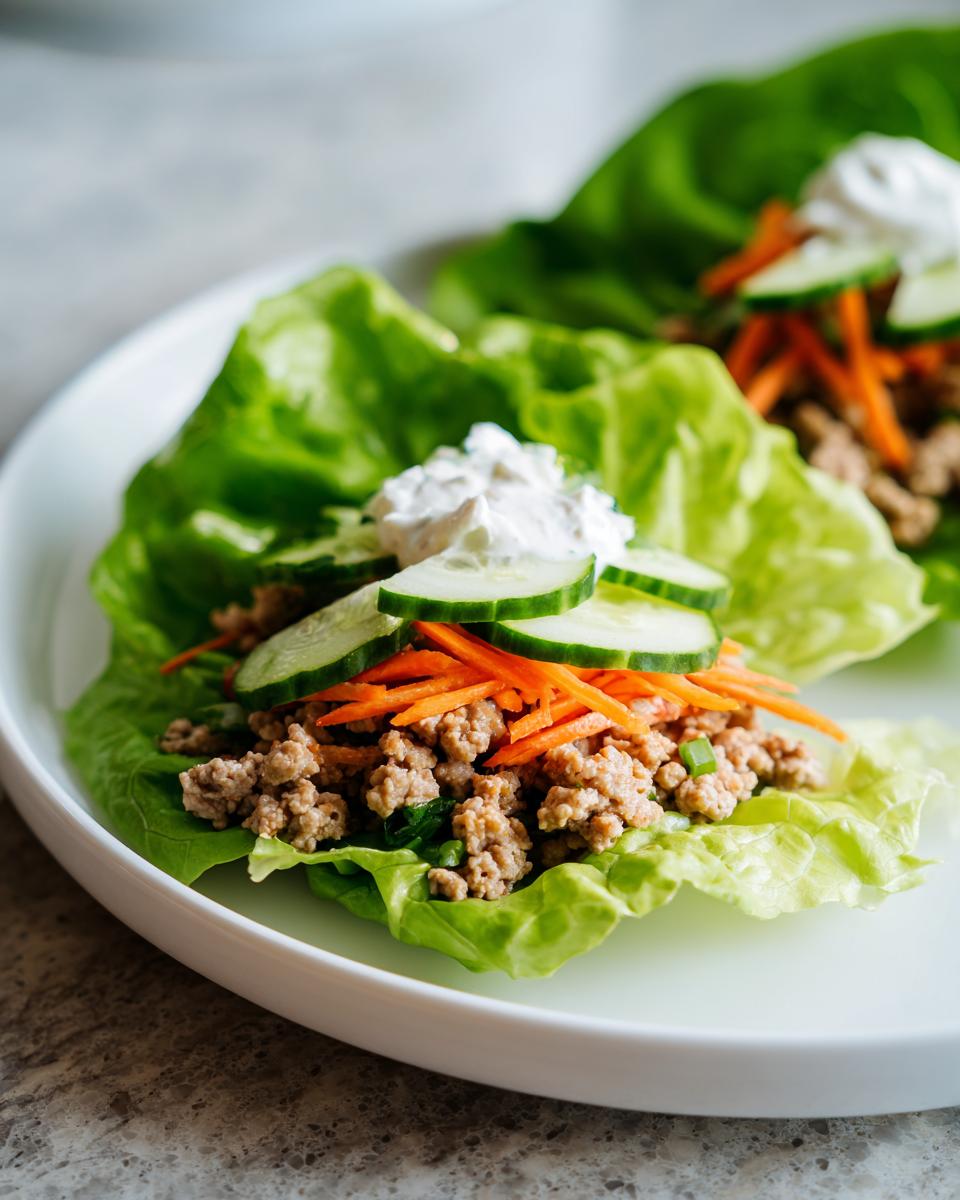 Light turkey lettuce wrap lunch with ground turkey, shredded carrots, cucumber slices, and a dollop of sauce on lettuce