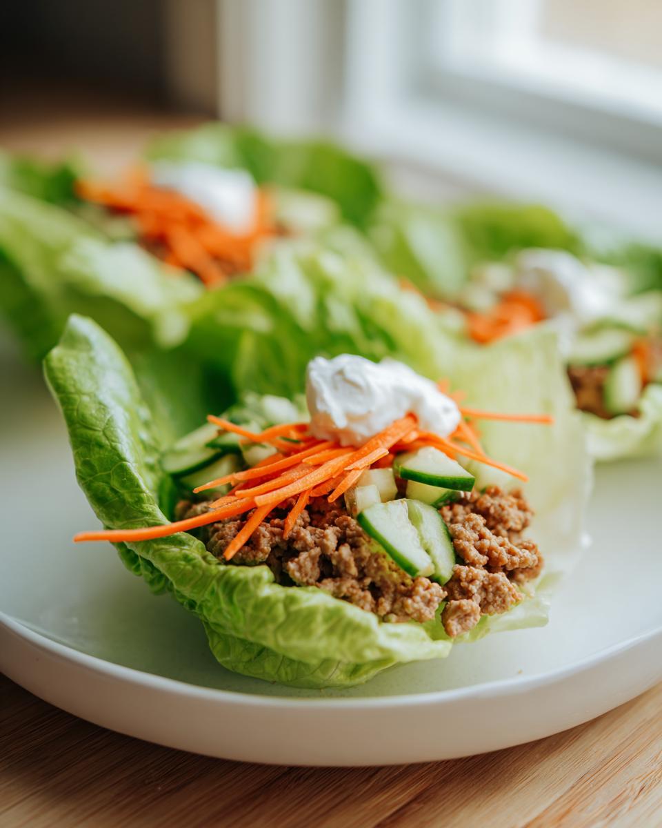 Light turkey lettuce wrap lunch with ground turkey, carrots, cucumbers, and sour cream in lettuce leaves.