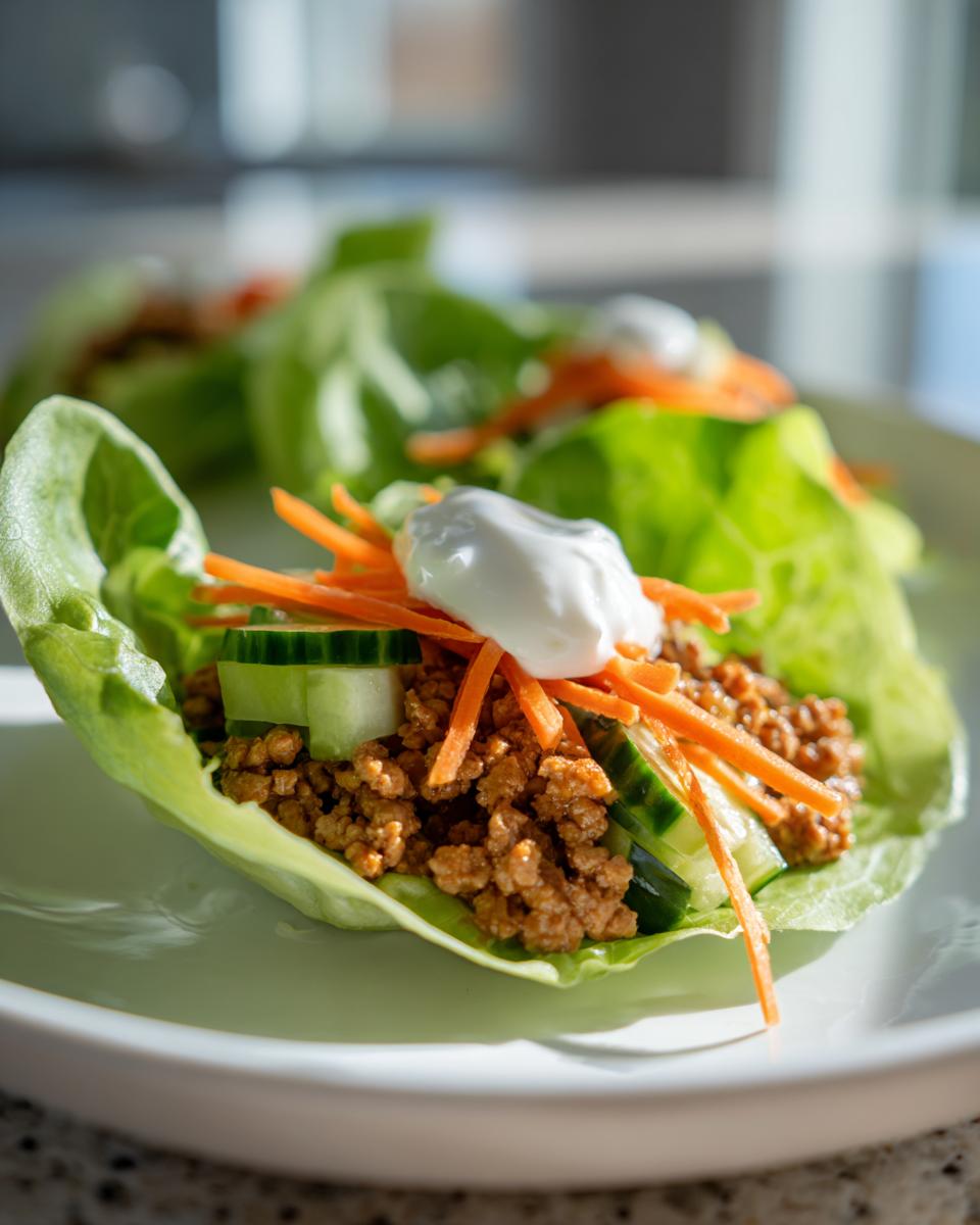 Light turkey lettuce wrap lunch topped with shredded carrots, cucumber slices, and a dollop of sauce