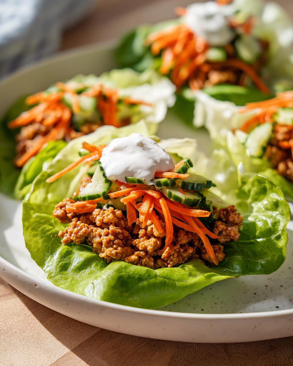 Light turkey lettuce wrap lunch with ground turkey, shredded carrots, cucumber, and a dollop of sauce on a green lettuce leaf