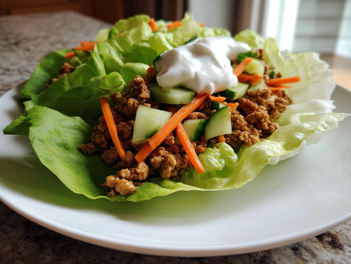 Light turkey lettuce wrap lunch with ground turkey, cucumber, carrot, and sour cream on green lettuce.