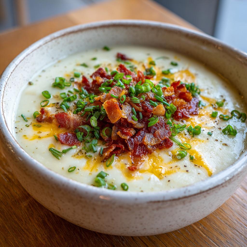 Bowl of loaded cauliflower cheddar soup low carb topped with crispy bacon and chopped chives