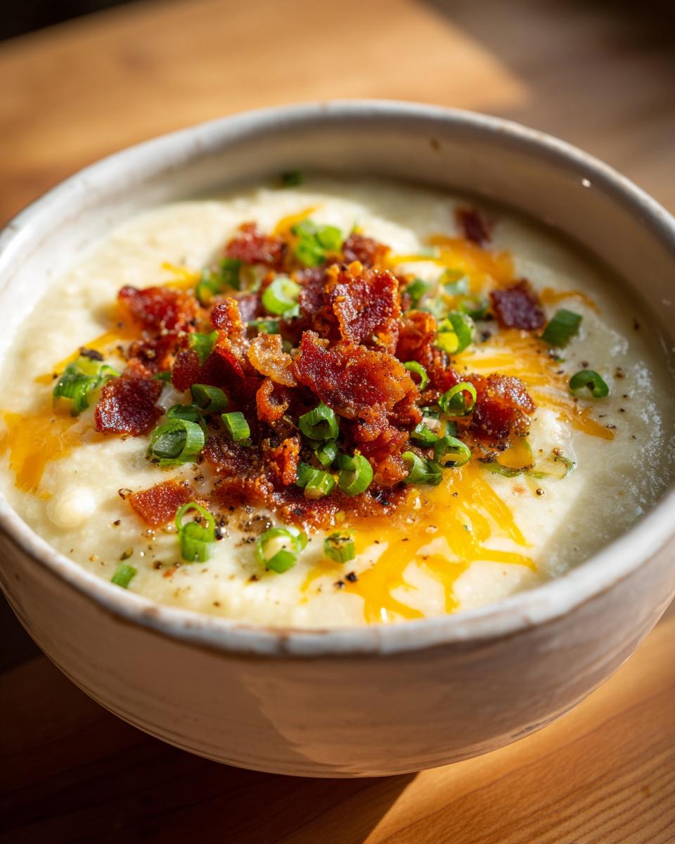 Creamy loaded cauliflower cheddar soup low carb topped with crispy bacon and green onions in a bowl