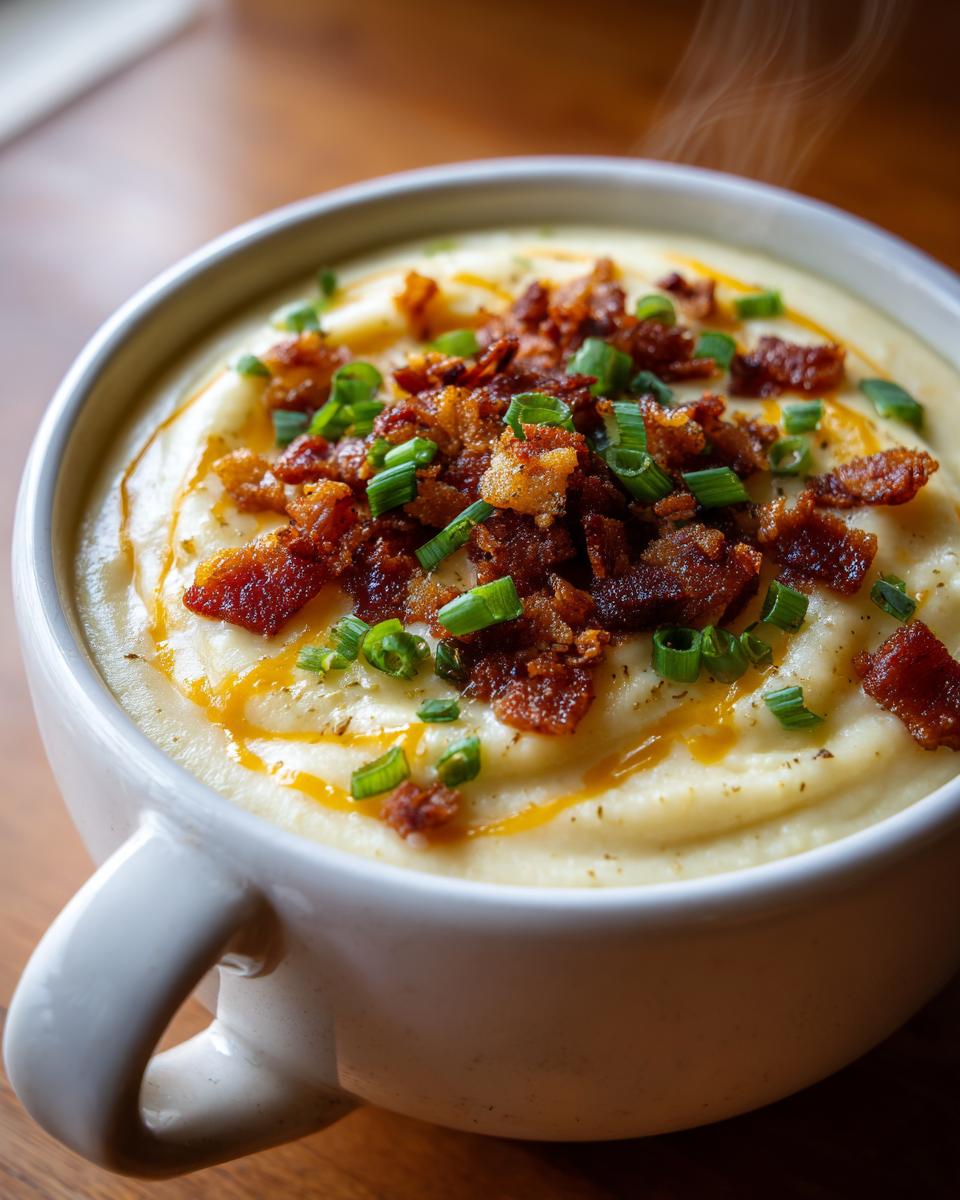 Close-up of loaded cauliflower cheddar soup low carb garnished with bacon and green onions.