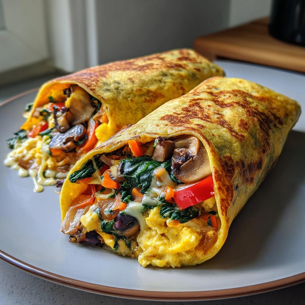 Two loaded veggie breakfast burrito freezer friendly wraps filled with mushrooms, spinach, and eggs on a grey plate