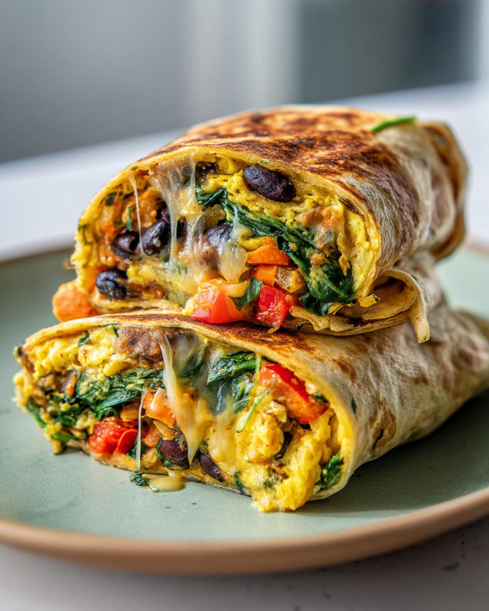 Close-up of a loaded veggie breakfast burrito freezer friendly cut in half with melted cheese and colorful vegetables