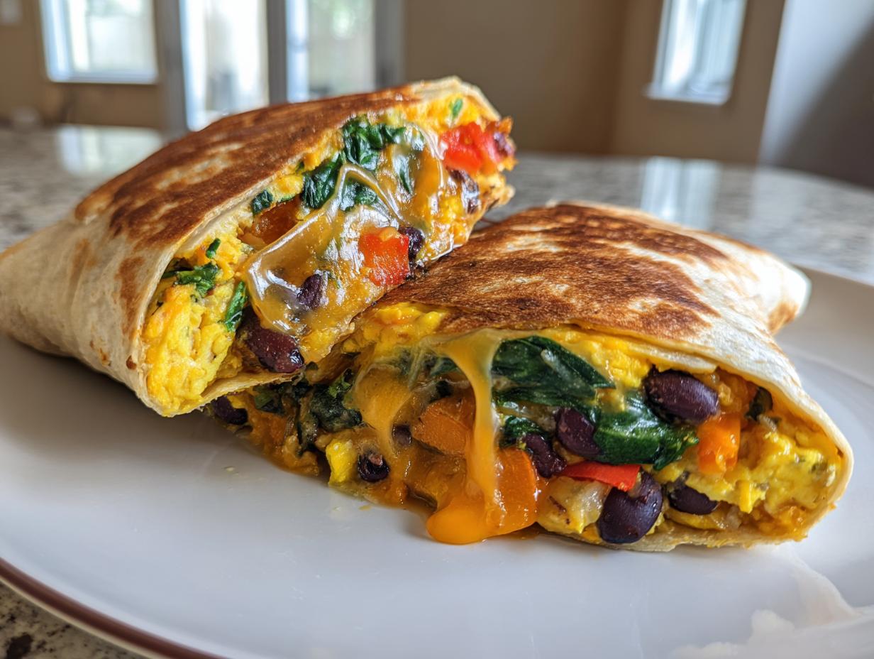 Close-up of a loaded veggie breakfast burrito freezer friendly with melted cheese, beans, and spinach inside a grilled tortilla.