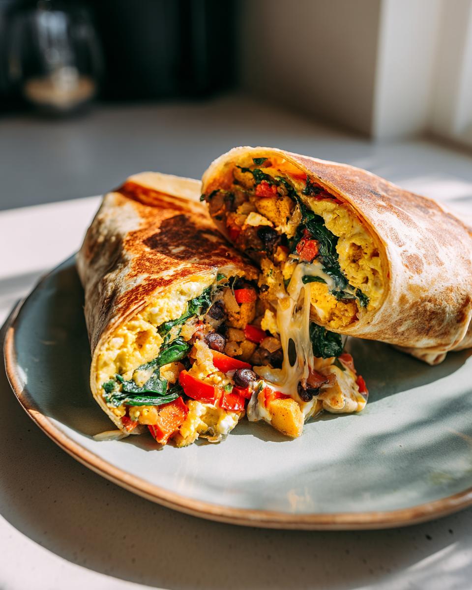 Half cut loaded veggie breakfast burrito freezer friendly showing melted cheese and colorful veggies