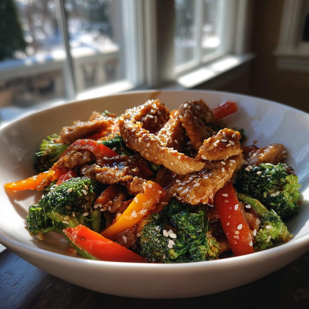 Bowl of low calorie chicken and vegetable stir fry with broccoli, bell peppers, and sesame seeds.