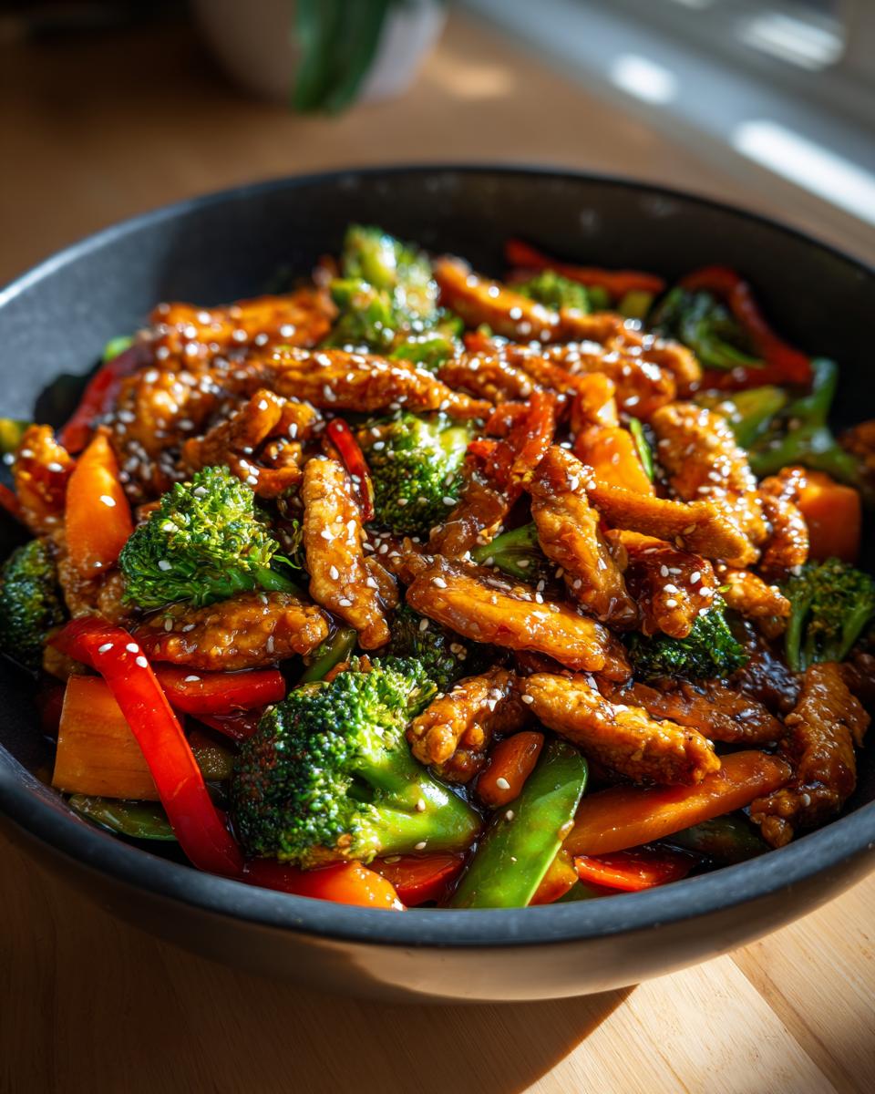 Bowl of low calorie chicken and vegetable stir fry with broccoli, carrots, and red peppers topped with sesame seeds