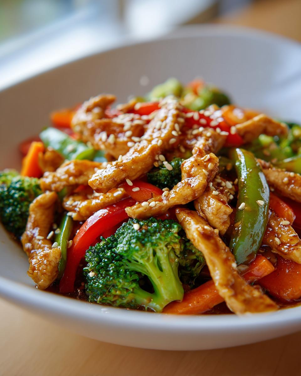 Bowl of low calorie chicken and vegetable stir fry with broccoli, bell peppers, carrots, and sesame seeds.