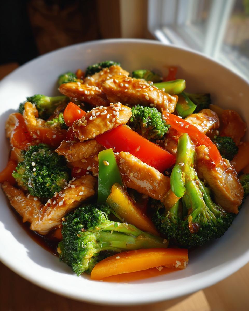 Bowl of low calorie chicken and vegetable stir fry with broccoli, bell peppers, and sesame seeds.