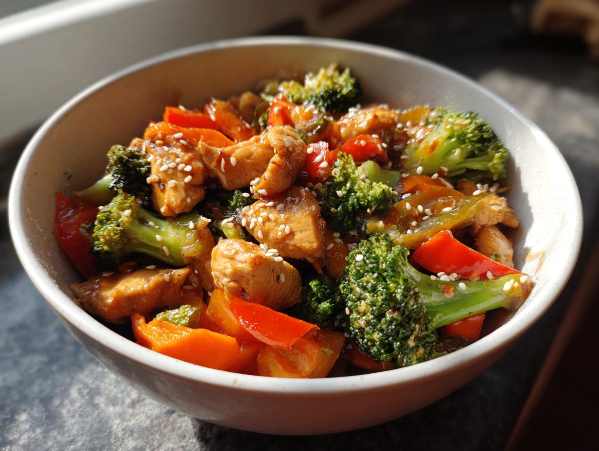 Bowl of low calorie chicken and vegetable stir fry with broccoli, red peppers, and sesame seeds
