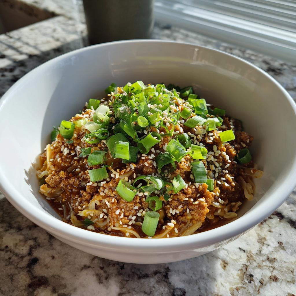 Bowl of low carb egg roll in a bowl recipe topped with chopped green onions and sesame seeds.