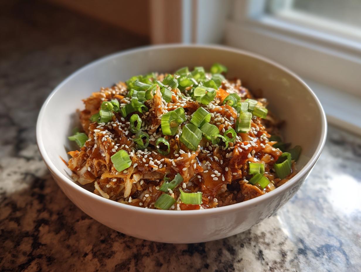 Bowl of low carb egg roll in a bowl recipe topped with green onions and sesame seeds.