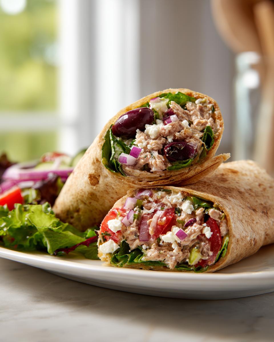 Two halves of a Mediterranean tuna salad wrap lunch with olives, red onion, and greens on a plate.