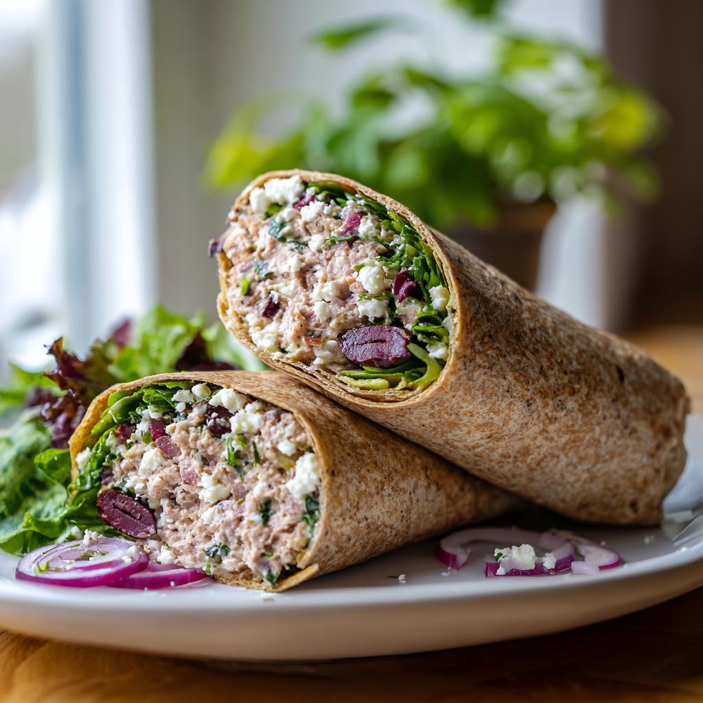 Close-up of a Mediterranean tuna salad wrap lunch cut in half with feta, olives, and greens
