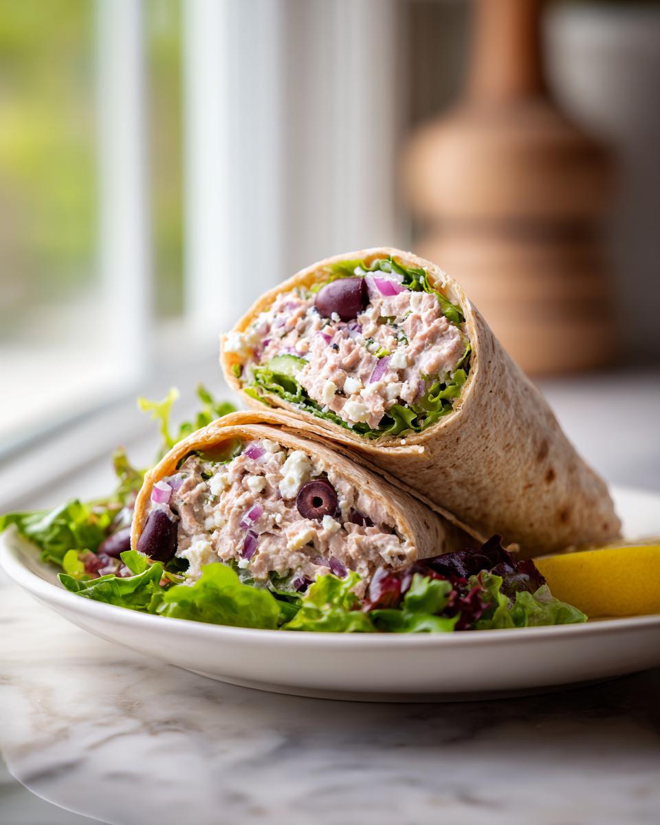 Mediterranean tuna salad wrap lunch cut in half on a plate with leafy greens and lemon wedge