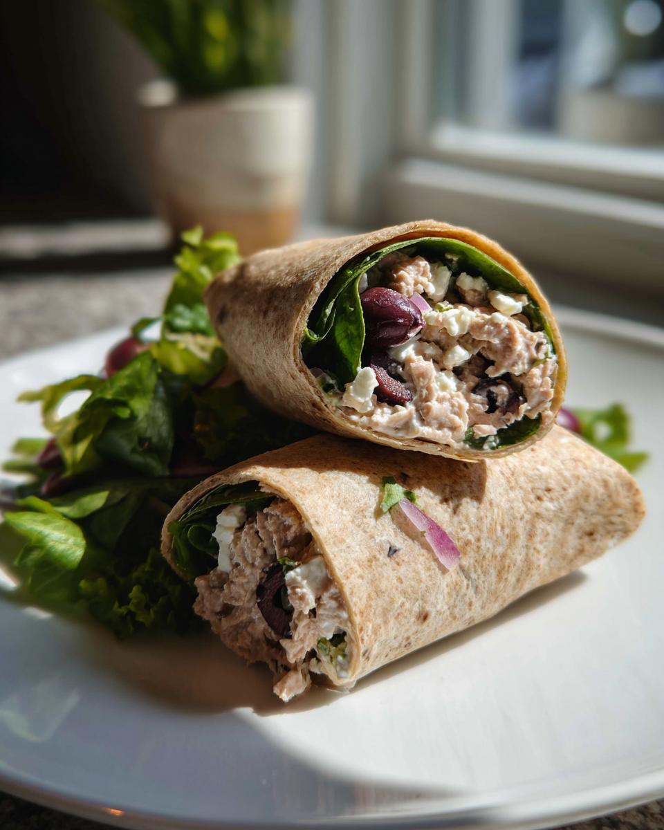 Mediterranean tuna salad wrap lunch cut in half showing tuna, olives, spinach, and feta in whole wheat wrap.
