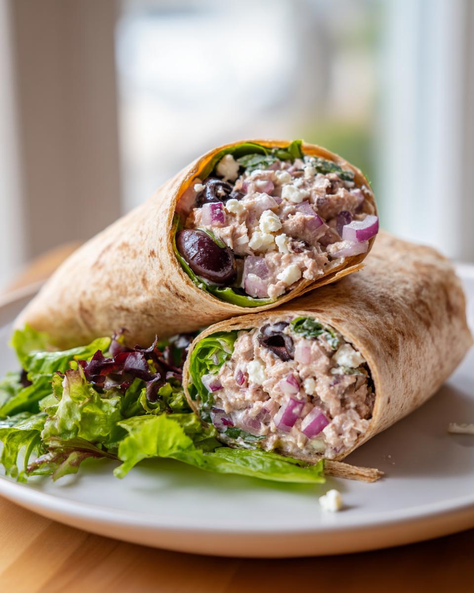 Close-up of Mediterranean tuna salad wrap lunch filled with tuna, red onions, olives, and feta cheese